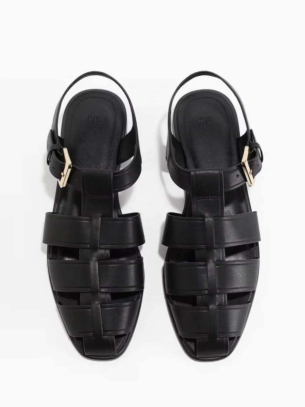 H&M Black Leather Woven Slingback Sandals with Gold Buckle